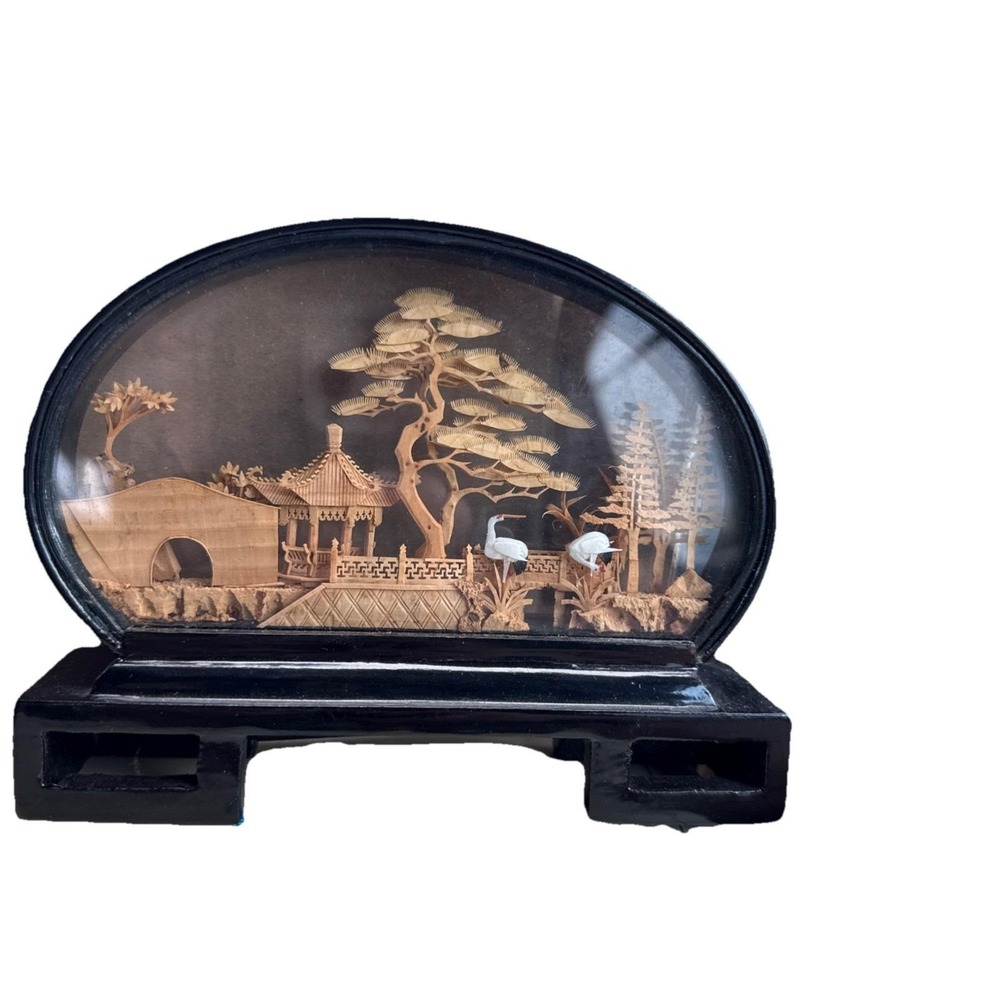 Vtg San You Cork Carving Diorama Chinese Pagoda Crane Landscape Art Glass Case